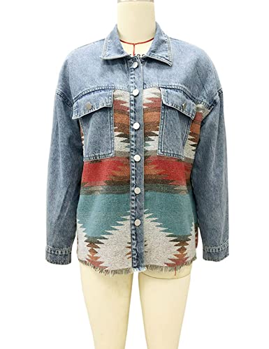 happlan Aztec Shacket Jacket for Women Wool Blend Lapel Button Down Print Shirt Coat (0332-Blue-M)