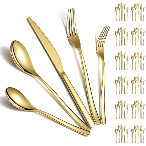Berglander Gold Silverware Set 60pcs Service for 12, Golden Titanium Plating Stainless Steel Flatware Set, Gold Spoons Forks Knives Set for Home, Wedding, Restaurant, Hotel, Dishwasher Safe