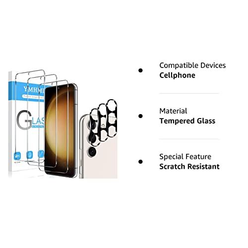 YMHML 3 Pack for Samsung Galaxy S23 Screen Protector Tempered Glass Upgrade Fingerprint Unlock Compatible for 3 Pack Camera Lens Protector, HD Clear Case Friendly Full Screen Protector for Galaxy S23