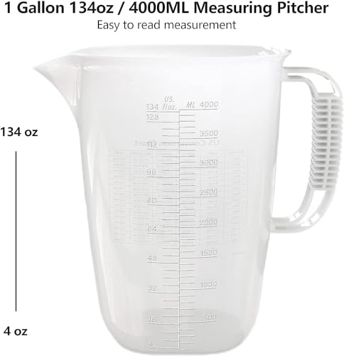 1 Gallon Measuring Pitcher-Convenient Conversion Chart,134oz Extra Large Plastic Measuring Cup-Strong Food Grade Material,Graduated Mixing Pitcher Great for Lawn,Pool Chemicals, Motor Oil and Fluids