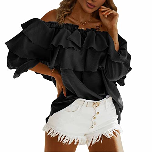 Byinns Women's Off Shoulder Ruffle Long Sleeve Blouses Casual Layered Tops Khaki