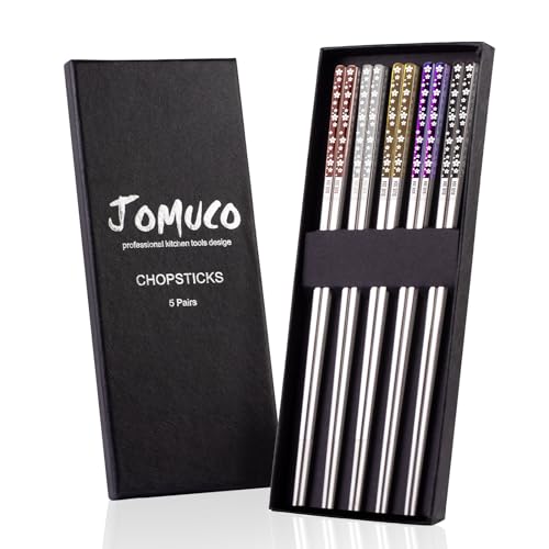 JOMUCO 5 Pairs Reusable Stainless Steel Chopsticks - Laser Engraved Floral Pattern - Dishwasher Safe - Easy to Use and Clean - Gift Set