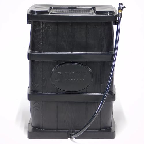 FCMP Outdoor Slim Line Design 45-Gallon Wood Grain Outdoor Home Rain Water Catcher Barrel Flat Back Container with Spigots and Mesh Screen, Black