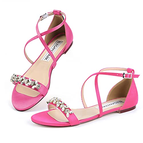 ELEGANTPARK FS2321 Hot Pink Sandals for Women Open Toe Comfortable Strappy Sandals Flats Rhinestones Summer Satin Wedding Evening Party Dress Flat Sandals US 7