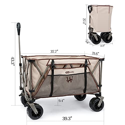 Whitsunday Heavy Duty Collapsible Wagon Cart, 380lb Load-Bearing Utility Wagon Cart with Big All Terrain Wheels, Folding Outdoor Wagon with Side Pocket for Beach, Camping, Outdoor Beige