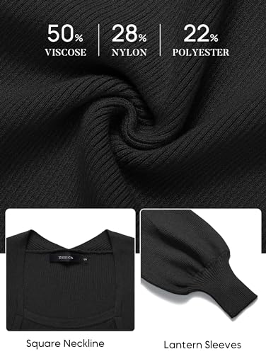 ZESICA Women's 2024 Square Neck Ribbed Knit Dress Puff Long Sleeve Slim Fit Bodycon Fall Winter Pullover Sweater Dress,GoldenTea,Large