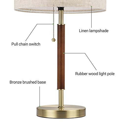 EDISHINE Mid Century Table Lamp, Bedside Lamp with Pull Chain Switch, Solid Wood & Metal Pole, Modern Nightstand Table Lamp for Living Room, Bedroom, Office, Frosted Bronze & Wood Finish