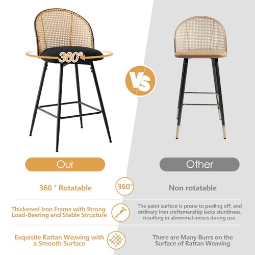 Bekrvio Swivel Bar Stools Set of 4, Mid Century Modern 29" Bar Chairs with Rattan Back and Metal Legs, Upholstered Boucle Fabric Barstools Island Stools for Kitchen Counter, Home Bar, Green