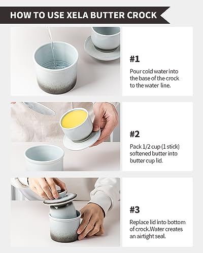 XELA Porcelain Butter Keeper Crock, French Butter Crock for Counter, Butter Keeper With Water Line for Fresh Spreadable Butter-Gradient Grey