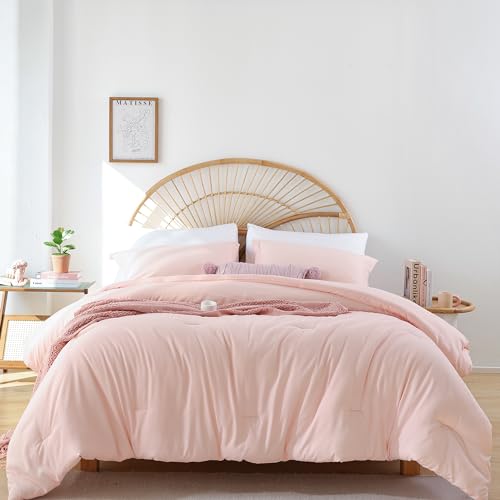 JANZAA Queen Comforter Set with Sheets 7 Piece Comforter Set Queen Bed in a Bag Pink Comforter with Microfiber Bed Pillow Cases Pillow Shams Fitted Flat Sheet Soft Blush Bedding Set All Season