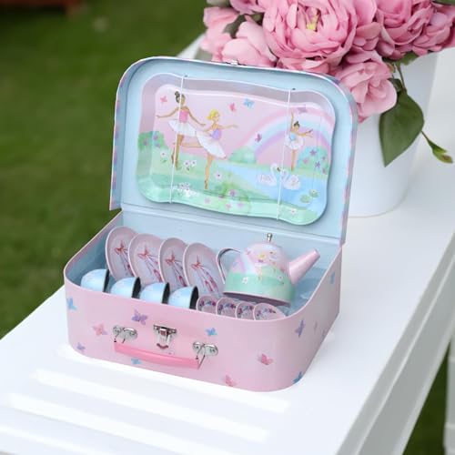 Jewelkeeper Tea Set for Little Girls - 15-Piece Tin Tea Party Set, Ballerina Design - Safe and Durable Toy Kids Tea Set with Carrying Case - Ideal Gift for Kids