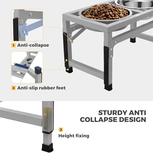Veehoo Elevated Dog Bowls - Metal Stand with Slow Feeder & 2 Stainless Steel Food/Water Bowls, Non-Slip, Adjusts to 3.7"-12" for Large, Medium & Small Dogs, Grey