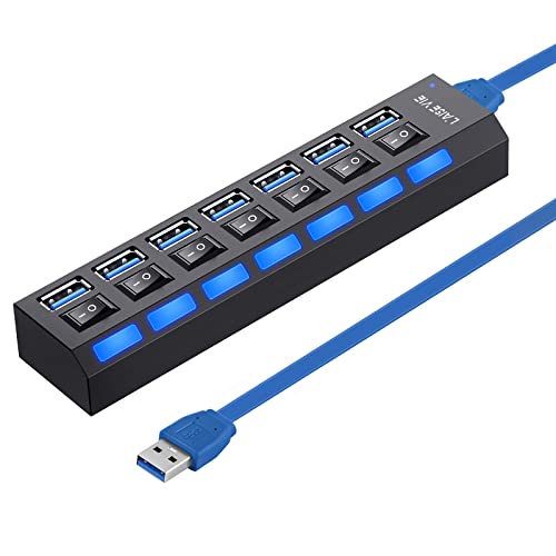 USB 3.0 Hub, 7 Ports USB Splitter USB A Port Data Hub with Independent On/Off Switch and LED Indicators, Lights for Laptop, PC, Computer, Mobile HDD, Flash Drive and More
