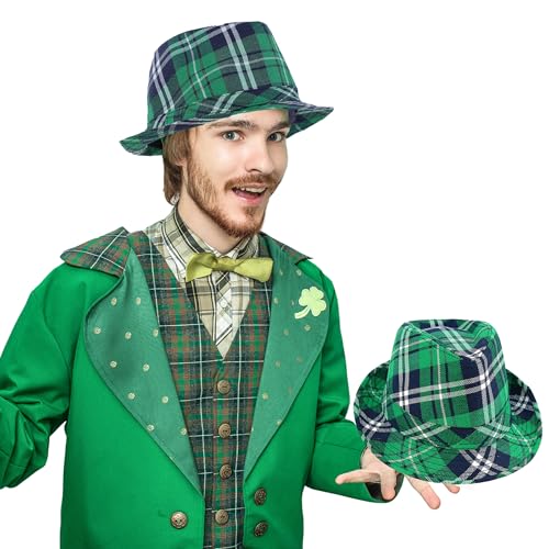 UTTPLL St. Patricks-Green-Plaid-Accessory-Cosplay Leprechaun Hat Fedora Unisex Men Women Kids Irish Hats Cap Cowboy Headwear Costumes Funny Party Supplies