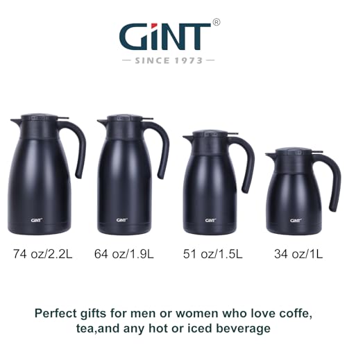 GiNT 1L / 34Oz Thermal Coffee Carafe, Insulated Stainless Steel Coffee Carafes for Keeping Hot/Double Walled Vacuum Thermal Carafe (Black)