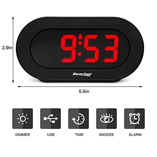 REACHER Small LED Digital Alarm Clock with Simple Operation, Full Range Brightness Dimmer, USB Phone Charger Port, Easy Snooze, Adjustable Alarm Volume, Outlet Powered for Bedrooms Bedside(Black)