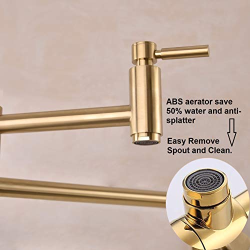 Fonveth Brushed Gold Wall Mounted Pot Filler Kitchen Faucet, Dual Handles, 1/2 IPS Male Threaded - 14 NPT inlet