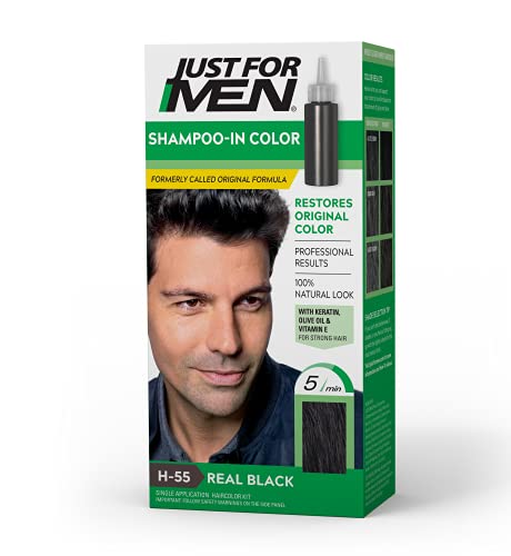 Just For Men Shampoo-In Color (Formerly Original Formula), Mens Hair Color with Keratin and Vitamin E for Stronger Hair - Real Black, H-55, Pack of 1