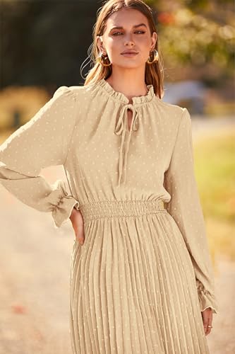 PRETTYGARDEN Spring Fall Dress for Women Elegant Long Sleeve Pom Pom V Neck Pleated Midi Flowy Dresses (Light Green,Medium)