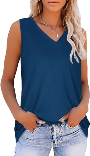 Tank Top for Women Causal Summer V Neck Sleeveless Loose Fit Tunic (V Blue Flower Bouquet, M)