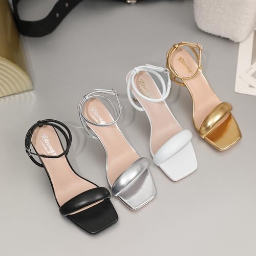 RIBONGZ Womens Sandals Dressy Fashion Black Strappy Kitten Heels Square toe Sexy Stiletto High Heels Comfortable Wedding Party Evening Prom Summer Bridal Shoes 6.5