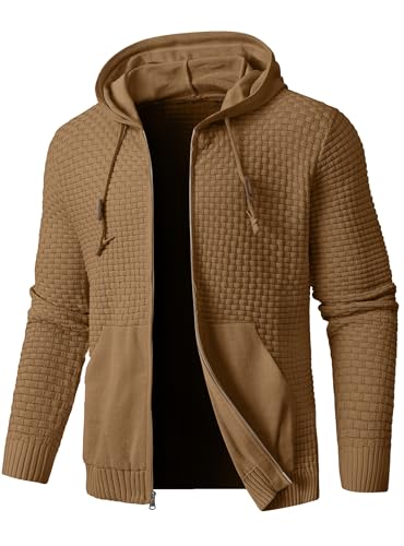 Zaitun Men's Full Zip Up Hooded Cardigan Sweater with Pockets Brown