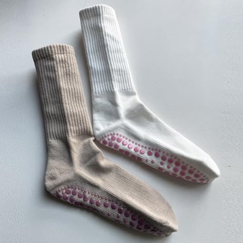 JCZANXI Yoga Socks with Grips for Women, Non Slip Socks for Yoga, Pilates, Barre, Dance | Ideal Cushioned Crew Socks (Stripe White-2PACK)