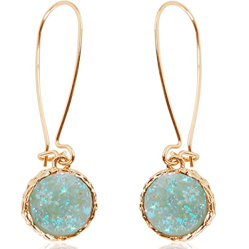 Mint Green Earrings for Women - Teal Earrings for Women, Aqua Earrings, Simulated Druzy Green Drop Earrings, Green Dangle Earrings, Sparkly Glitter Green Stone Earrings, Gold Tone Turquoise Earrings