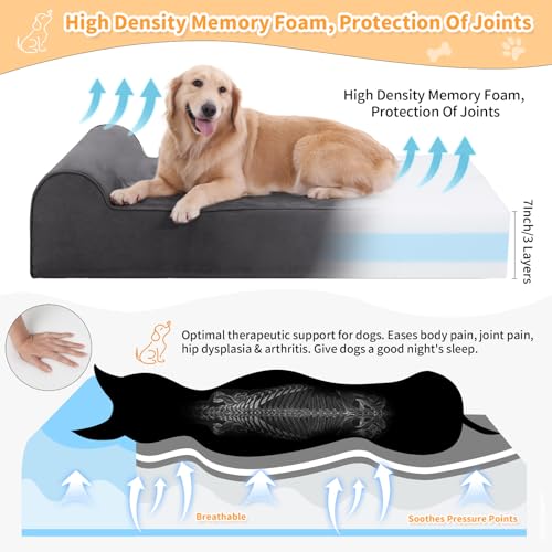 Rainmr 7 inch Orthopedic Dog Bed for Large Dogs - Chew-Resistant & Washable Microsuede Cover/Waterproof Inner Case - with 4 inch Headrest Memory Foam Dog Bed (Large, Grey)