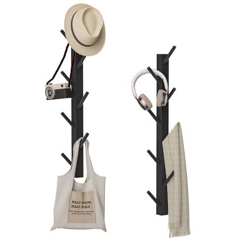 TIOPGHAD 2-Pack Wood-Wall-Mounted-Coat-Hooks, Bamboo Vertical Coats Rack Holder Hanger with 8 Hooks Entryway Hanging Wooden Racks for Hanging Jacket Coat Hat in Entryway Office Bathroom(Black)