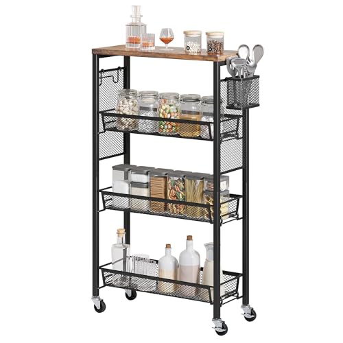 YITAHOME 4-Tier Slim Kitchen Storage Cart, Rolling Spice Rack Next to Fridge, 7.3“ Inch Deep Kitchen Trolley with Wheels, Wood Tabletop & Wire Mesh Baskets, Mobile Narrow Shelf, Black