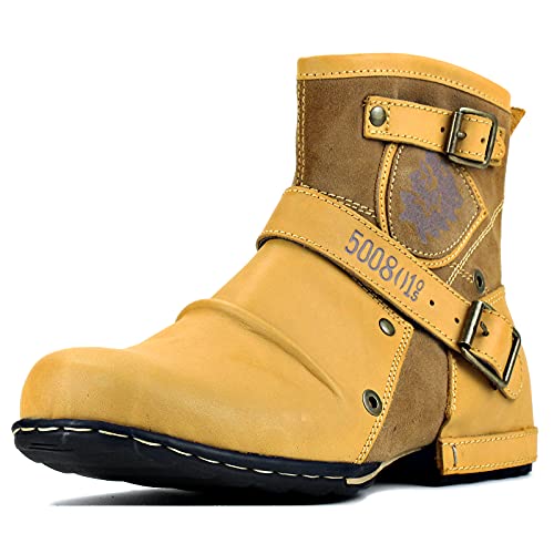 OSSTONE Moto Boots for Men Fashion Zipper-up Leather Chukka Boots Casual Shoes 5008-1-F-13 Beige