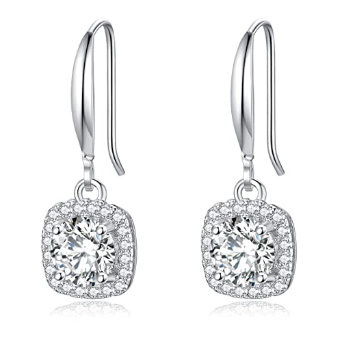 2-4CT Moissanite Dangle Earrings, Halo Square D Color Ideal Cut Simulated Diamond 925 Sterling Silver Earrings for Women with Certificate of Authenticity (2CT)
