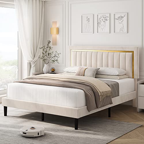 HITHOS Full Size Bed Frame with Adjustable Tufted Headboard, Velvet Upholstered Platform Bed Frame with Gold Trim, Heavy Duty Mattress Foundation with Steel Frame, Easy-Assembly Slats (Black, Full)