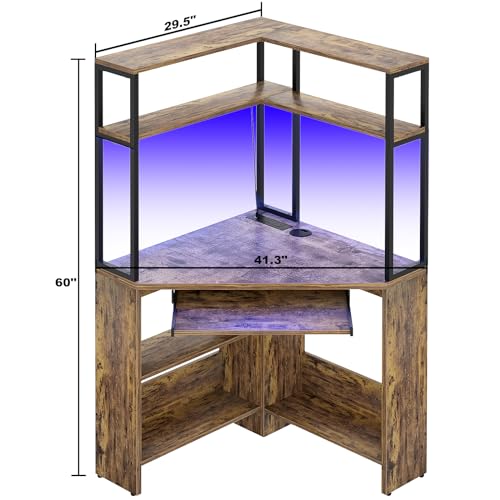 Cyclysio Small Corner Desk with Hutch, Heavy Duty Corner Computer Desk with Power Outlets & LED Light, Triangle Corner Gaming Desk with Keyboard Tray for Home Office, Small Space, Workstation Black
