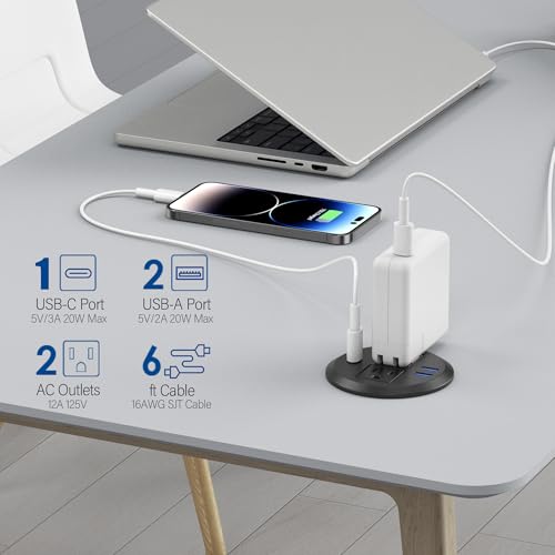 3 inch Desktop Power Grommet USB C,20W Fast Charging Station,Furniture Recessed Power Strip,2 Outlets,3 USB Ports,Flush-Mount for Desktop, Workspace Essential Desk Outlet,2 Pack (Black)