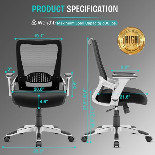 Ergonomic Office Desk Chair, Mesh Computer Gaming Chair with Adjustable Flip-Up Arms, Lumbar Support, Tilt Function, Comfy Wide Seat, Swivel Wheel, Sturdy Big and Tall Task Chairs for Adults Students
