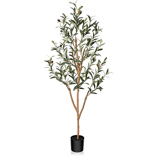 Kazeila Artificial Olive Tree 5FT Tall Faux Silk Plant for Home Office Decor Indoor Fake Potted Tree with Natural Wood Trunk and Lifelike Fruits