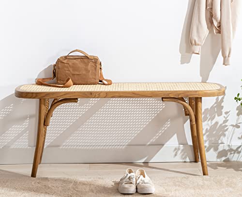 Kmax Upholstered Bench Wicker Rattan Entryway Bench Rustic Solid Wood 45 Inch for Living Room/Bedroom/Hallway