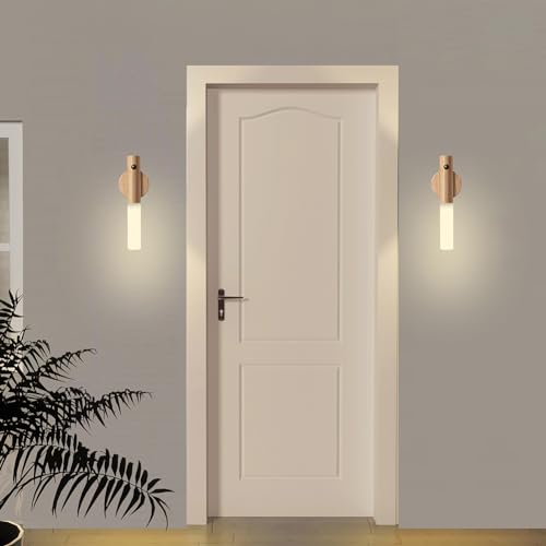 LANDGOO Motion Sensor Night Lights Magnet Body Sensor Hallway, Rechargeable Led Light Portable Stairway, Wooden Wall Sconce Battery Powered Cabinet Lights(Walnut Wood 1PC)
