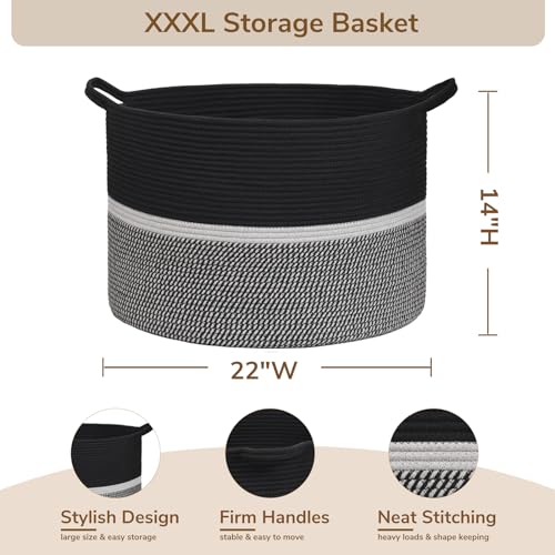 CHICVITA Extra Large Laundry Basket, Woven Rope Blanket Basket For Towels, Clothes, Toy Storage Baskets, Pillow Baskets For Living Room, Family Room, 22 x 22 x 14 inches, Black