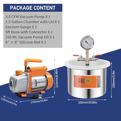 BACOENG 1 1/2 Gallon 3.6 CFM Vacuum Chamber with Pump, Degassing Vacuum Chamber Kit for Resin
