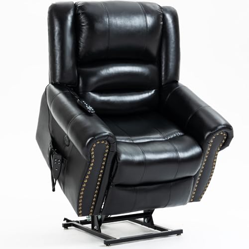 Trustyue Dual Motor Lift Chairs Recliners for Elderly, Lay Flat Electric Lift Chair with Massage and Heat, Infinite Position, Standing Assistance, USB Ports, Genuine Leather, Black