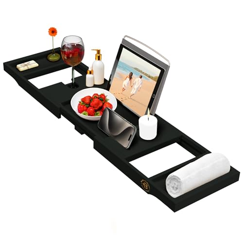 Bambüsi Bathtub Tray Table - Collapsible & Adjustable Bathtub Caddy - Space-Saving Folding Bath Tub Tray - Wood Bathtub Accessories - Unique Valentines Day Gifts for Women or Men (Black Bamboo)
