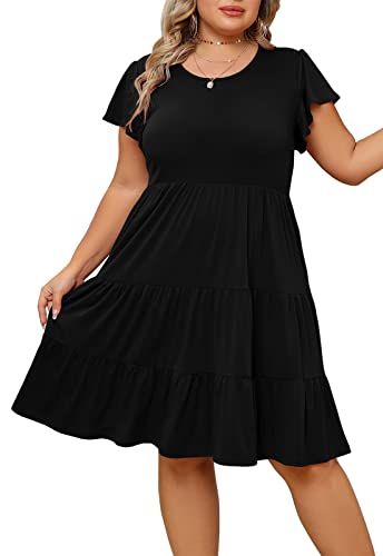 Younrui Plus Size Black Midi Dresses for Women Crew Neck Swing Ruffle Hem Tiered Babydoll Casual Dress with Pockets (1XL-1005-Black)
