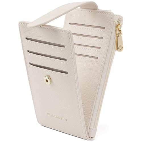 BOSTANTEN Slim Wallet Women RFID Blocking Card Holder Leather Bifold Wallet with Zipper Pocket Beige