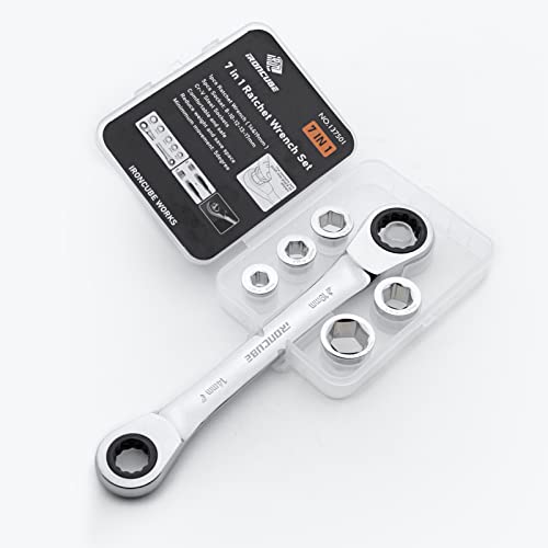 ironcube 7 in 1 Ratcheting Wrench Set With Box, Double Box End Wrench Set, 72 Tooth Gear, CR-V Steel, 8-19mm(Metric)