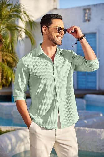 COOFANDY Mens Casual Shirts Long Sleeve Button Up Dress Shirts for Men Linen Beach Wedding Shirts Light Green