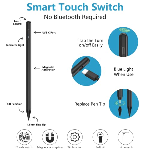 Stylus Pen for iPad 2018-2023, 15 Minute Fast Charging for Apple Pencil for iPad 10th/9th Generation & Pro Series 11/12.9 inch and Air Series 5th/4th/3th Gen with Palm Rejection