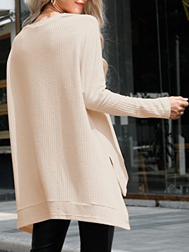 ANRABESS Women's Oversized Crewneck Long Batwing Sleeve Waffle Knit Lightweight Casual Loose Split Sweater Shirts Tunic Tops blue Small